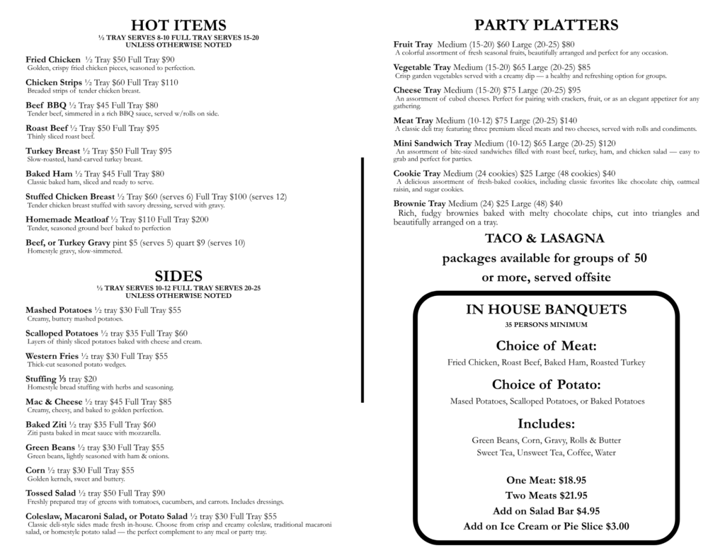 Catering menu with various food options