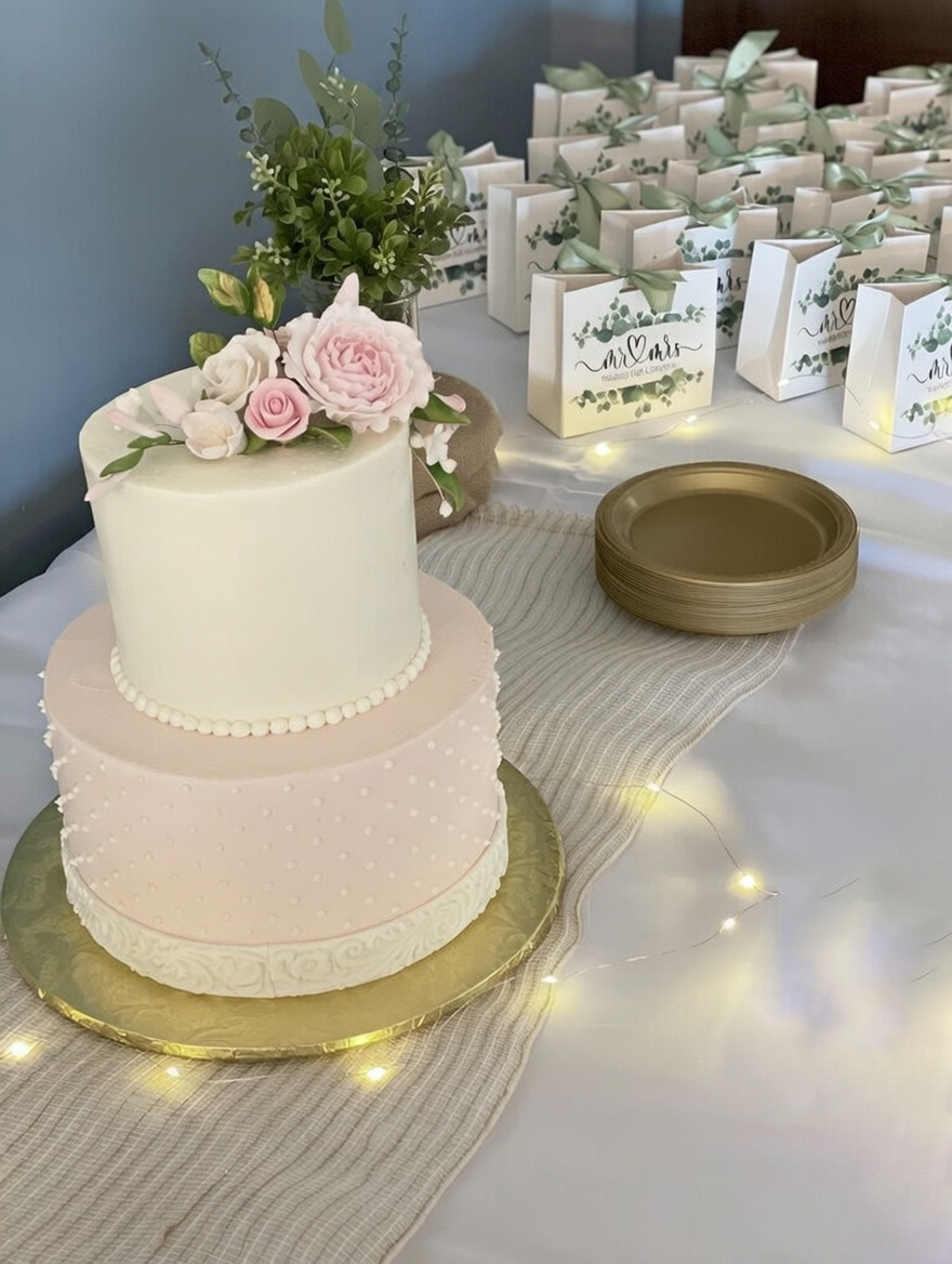 Elegant wedding cake with floral decorations.